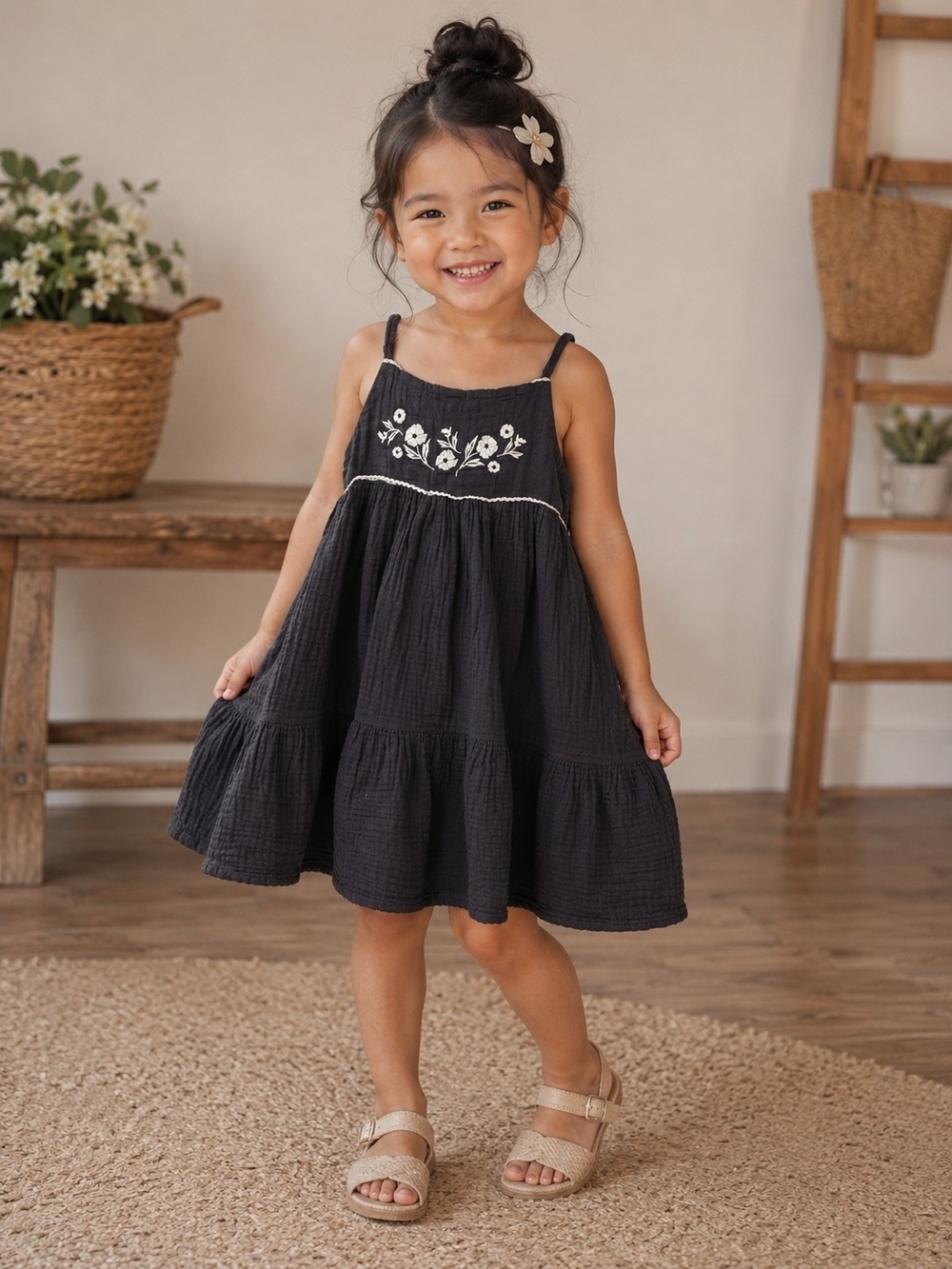 H&M Toddler Girls Black Cotton Gauze Embroidered Boho Dress Size 3T